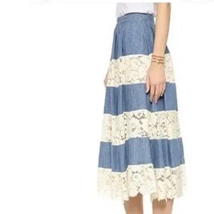 Alice + Olivia Denim and Lace Romy Midi Skirt Size 2